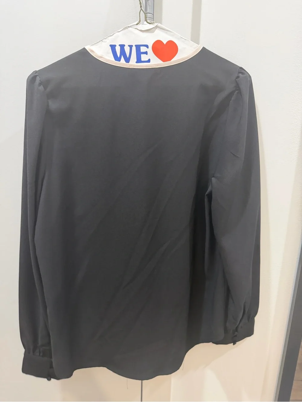 J. Crew Black Blouse with Cream Ruffle V-Neck Trim